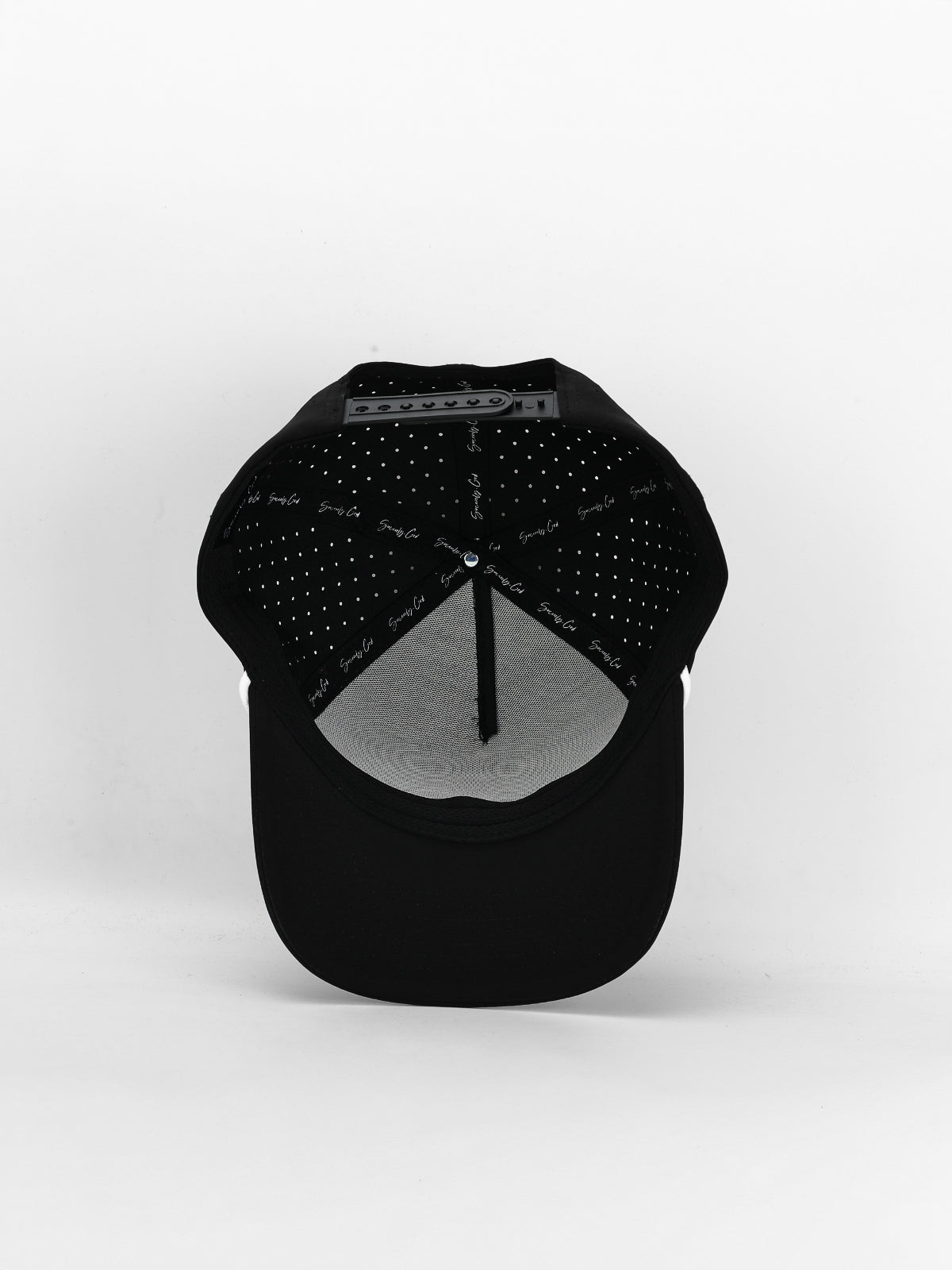 Black cap with a textured pattern on a white background