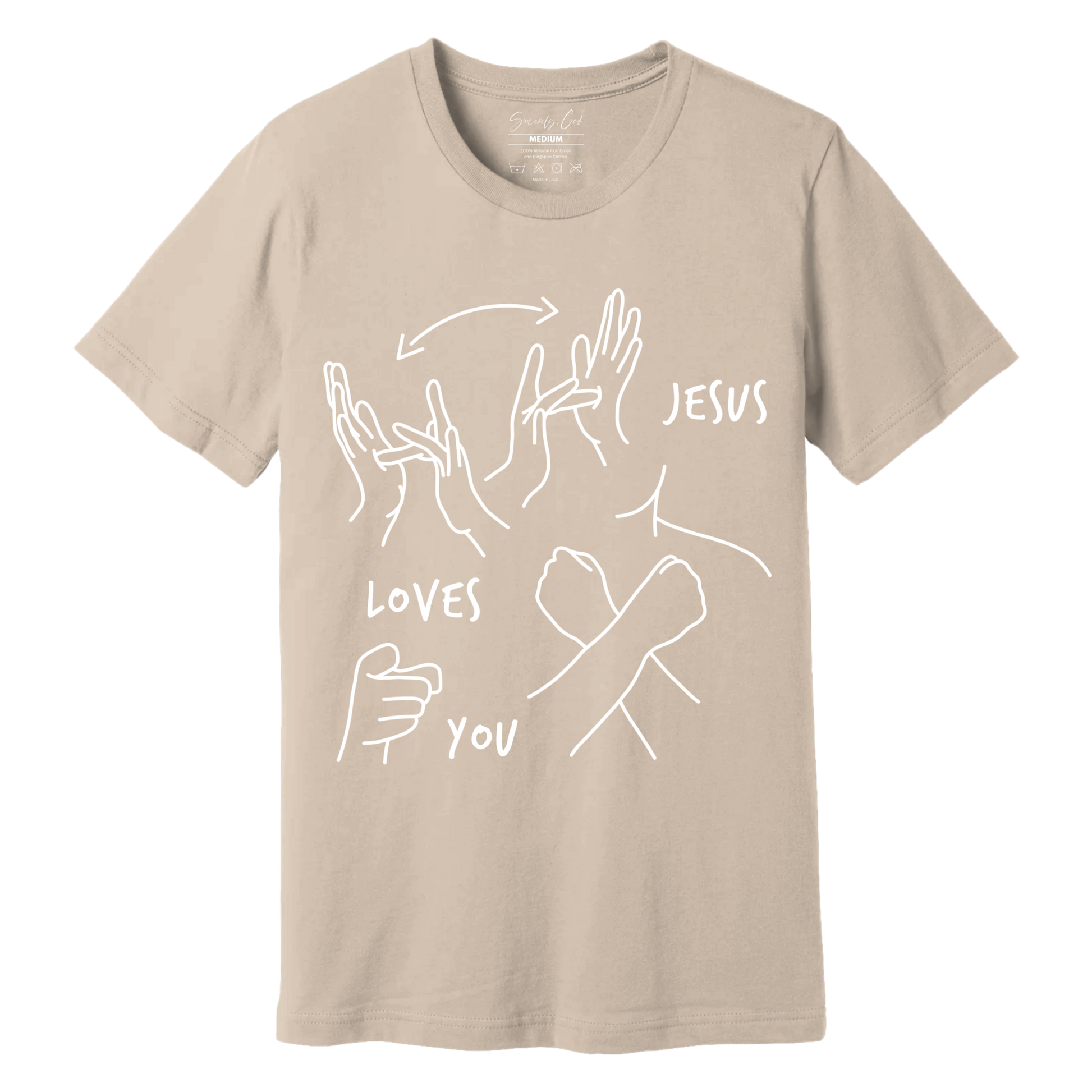 Tan ASL T-shirt with front design of Jesus Loves You in sign language.