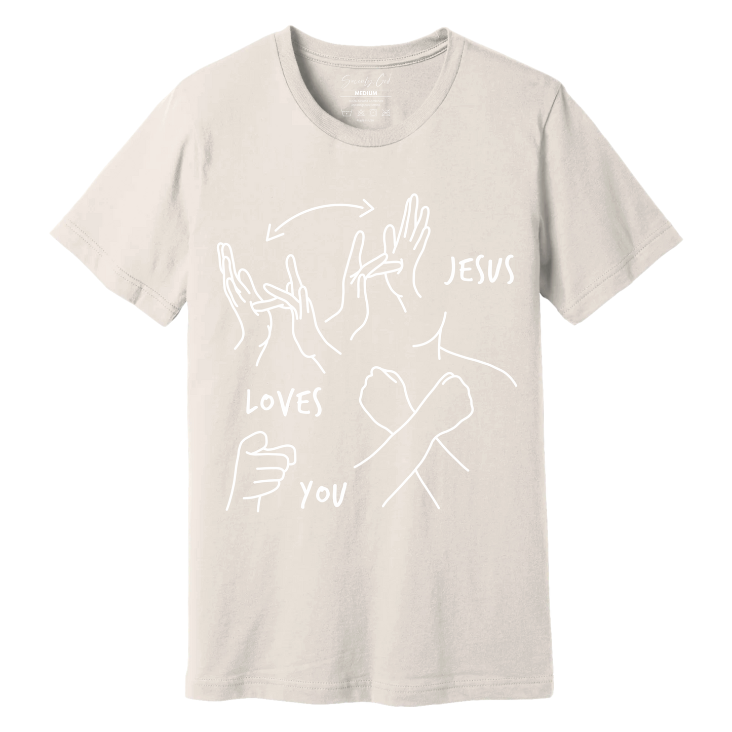 Oatmeal ASL T-shirt with front design of Jesus Loves You in sign language.