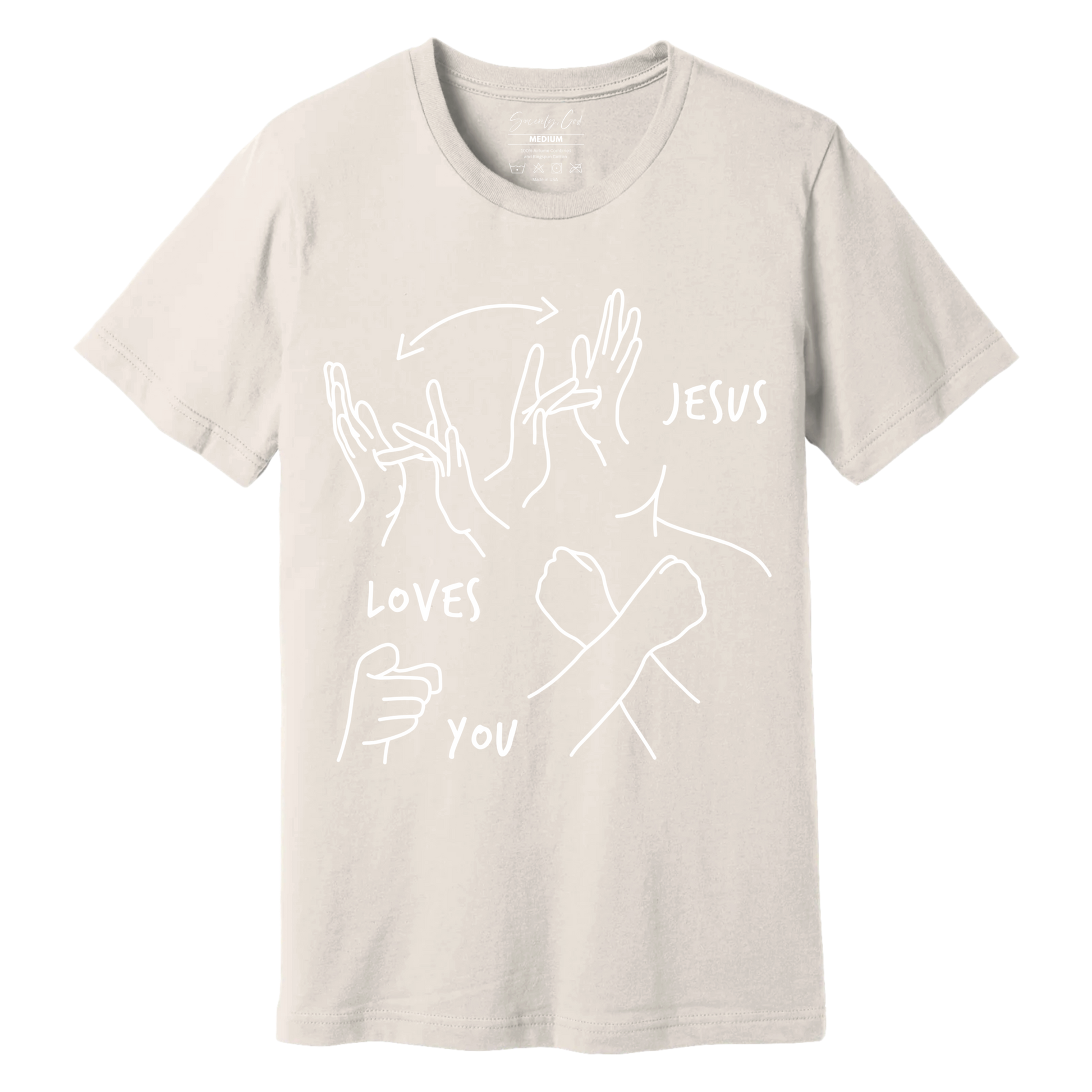 Oatmeal ASL T-shirt with front design of Jesus Loves You in sign language.
