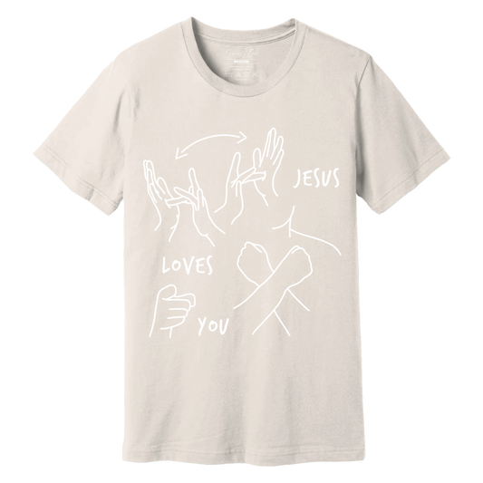 Oatmeal ASL T-shirt with front design of Jesus Loves You in sign language.