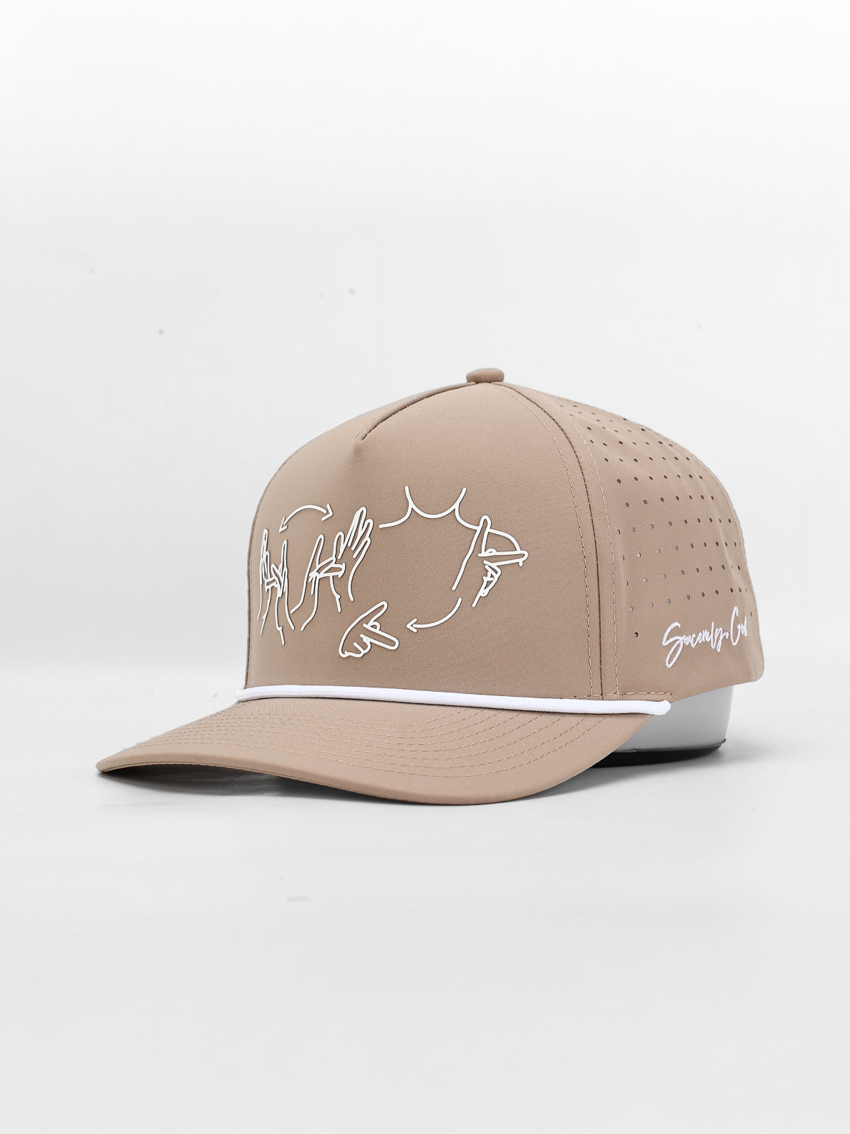 Beige cap with white fishing-themed design on a light gray background