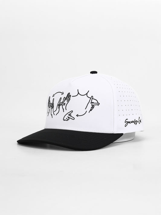 White and black cap with black and white design on a white background