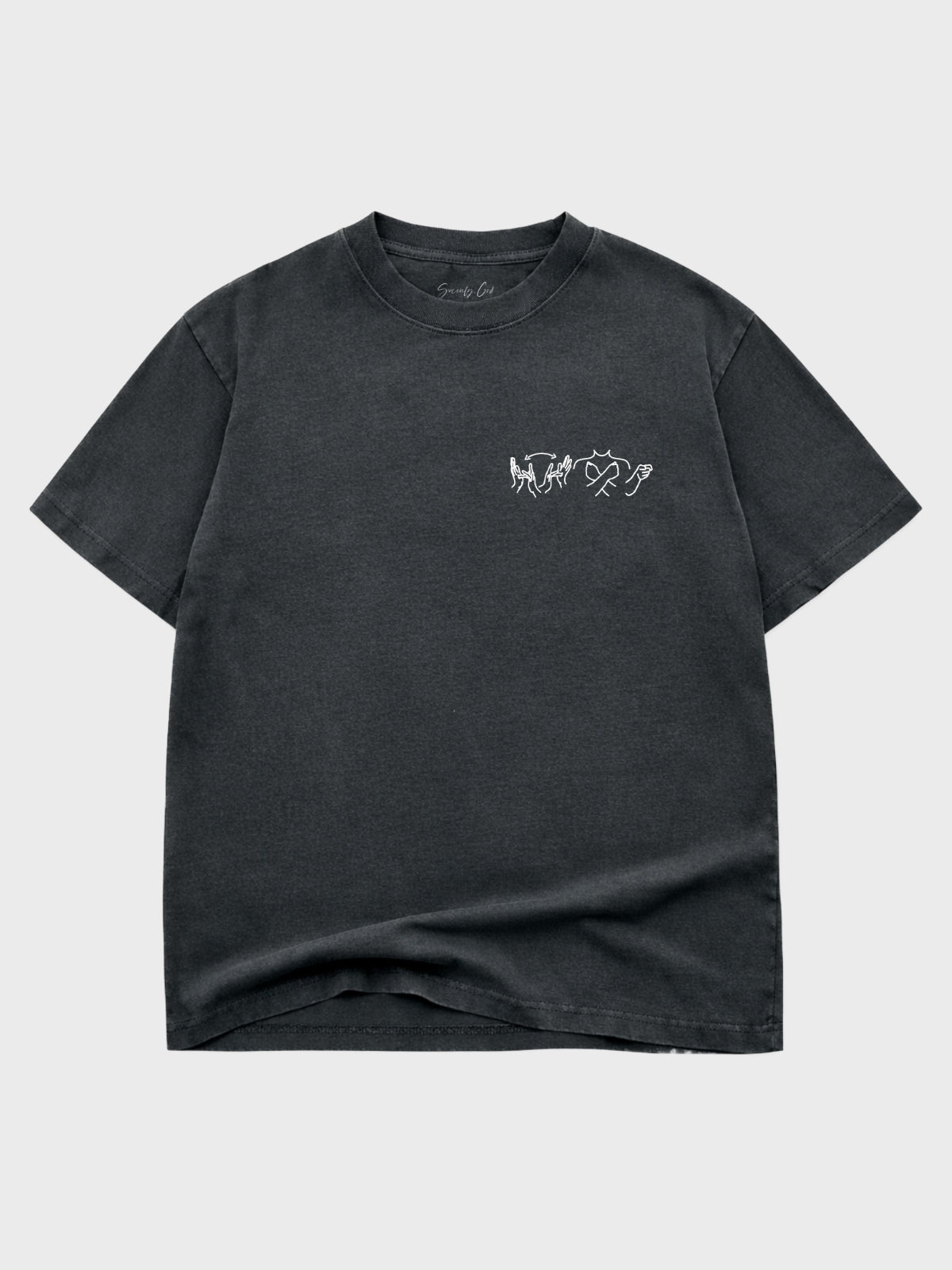 Black t-shirt with a small white graphic on a light gray background