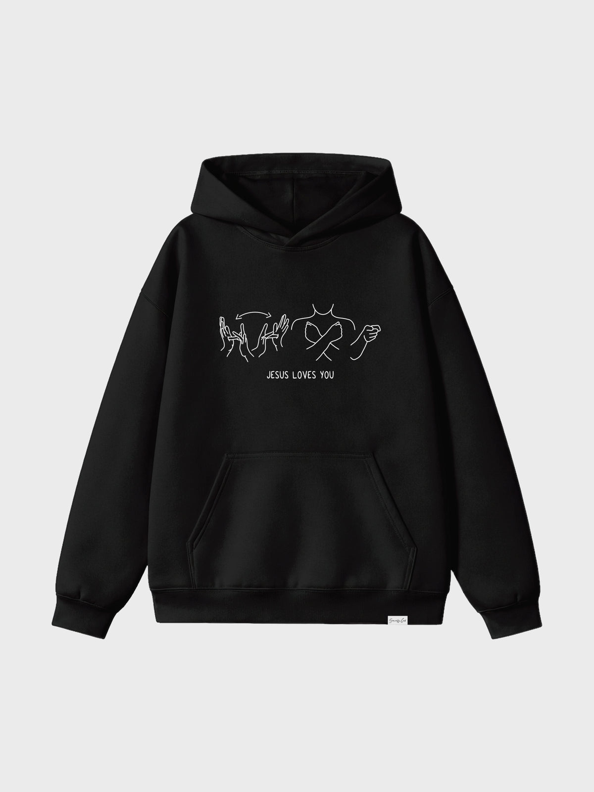 Black hoodie with white graphic design on a light gray background