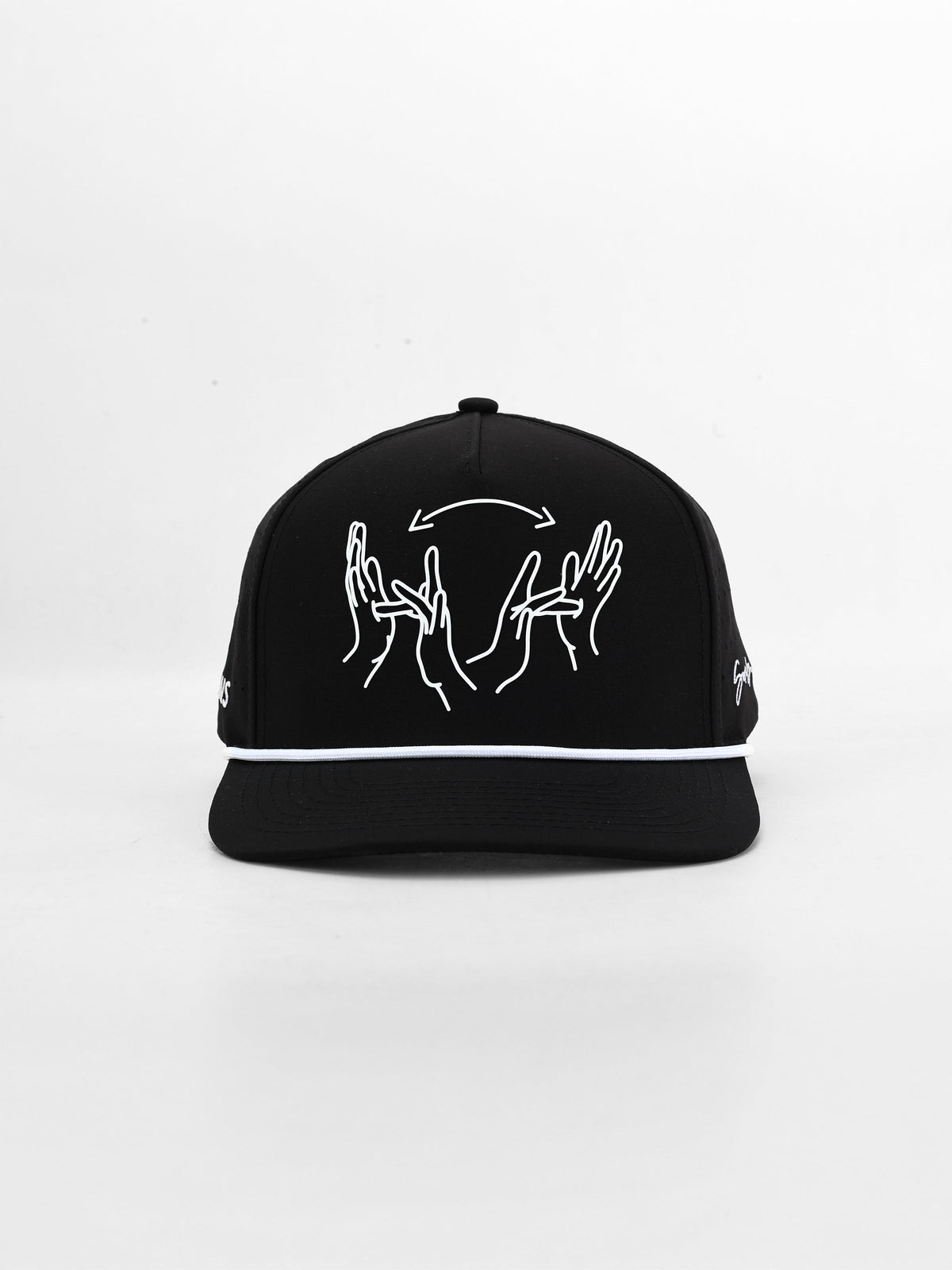 Black cap with white line art design on a white background