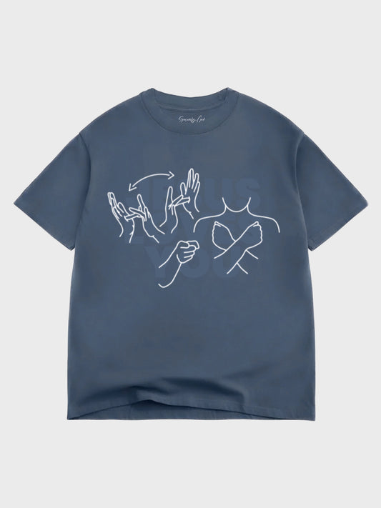 Blue t-shirt with white line art design on a light gray background