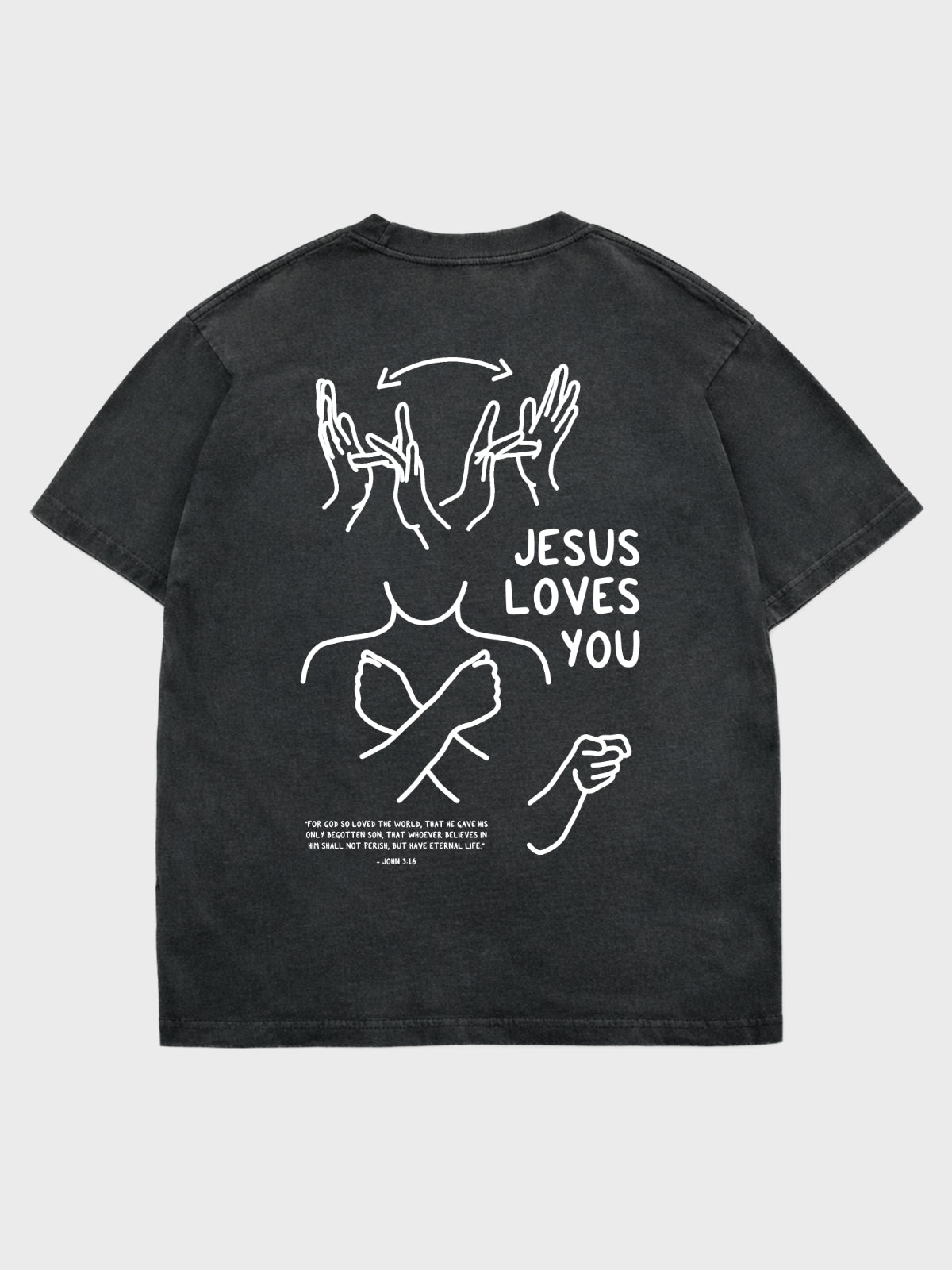 Black t-shirt with 'Jesus Loves You' graphic on a white background