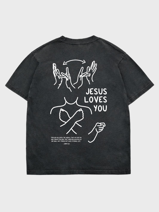Black t-shirt with 'Jesus Loves You' graphic on a white background
