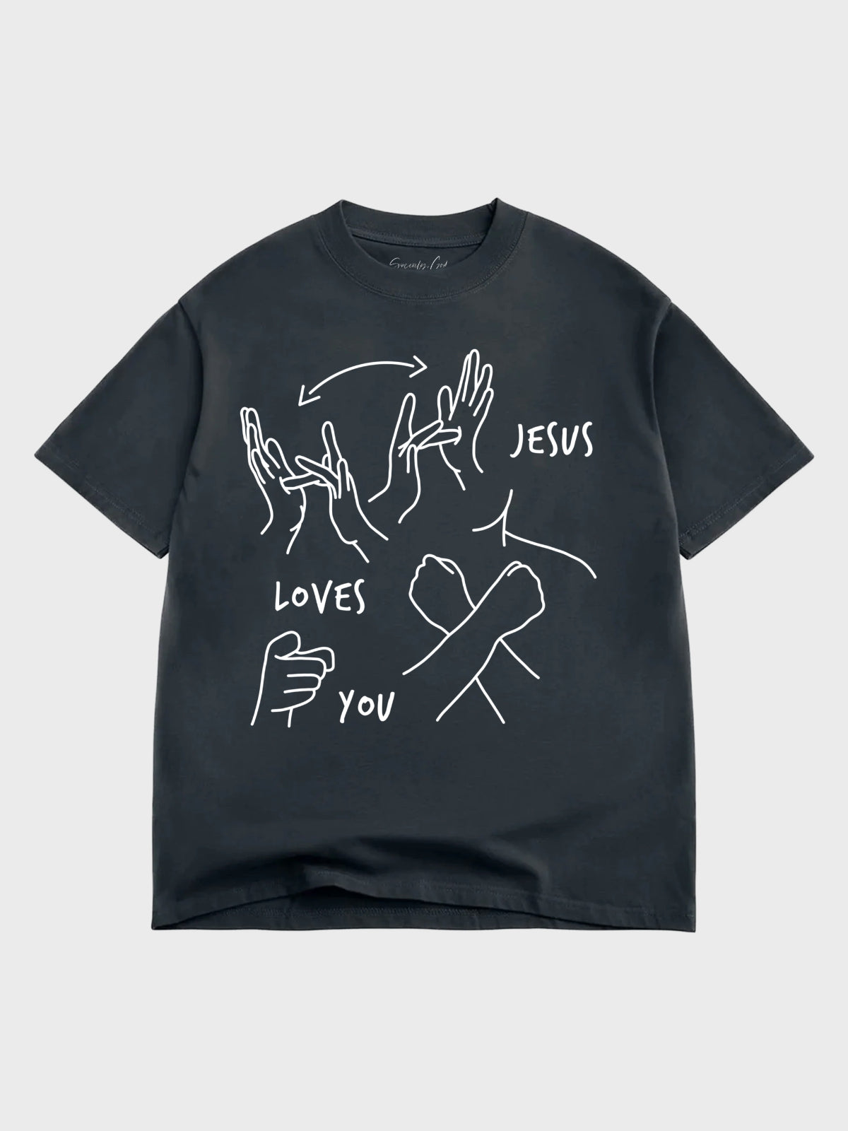 Black t-shirt with white graphic design and text on a light gray background