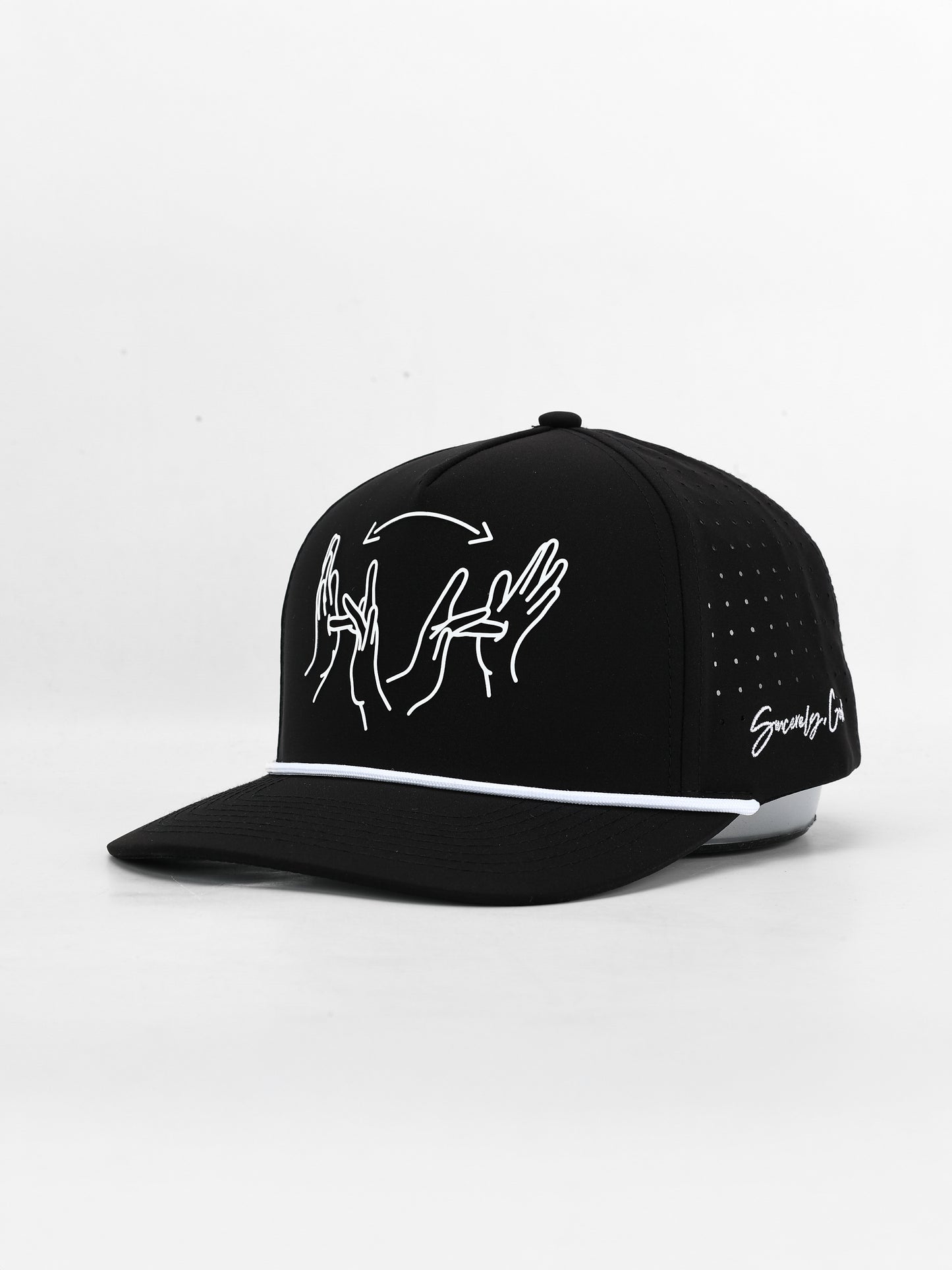 Black cap with white line art design on a white background