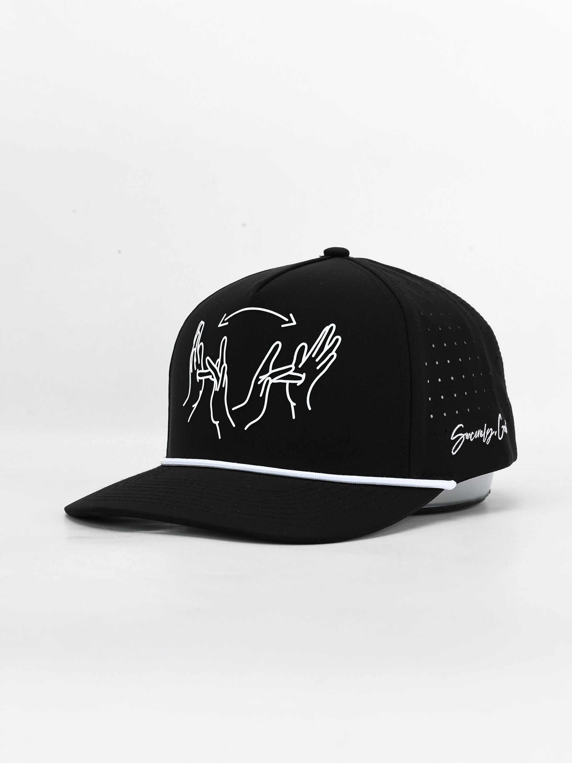 Black cap with white line art design on a white background