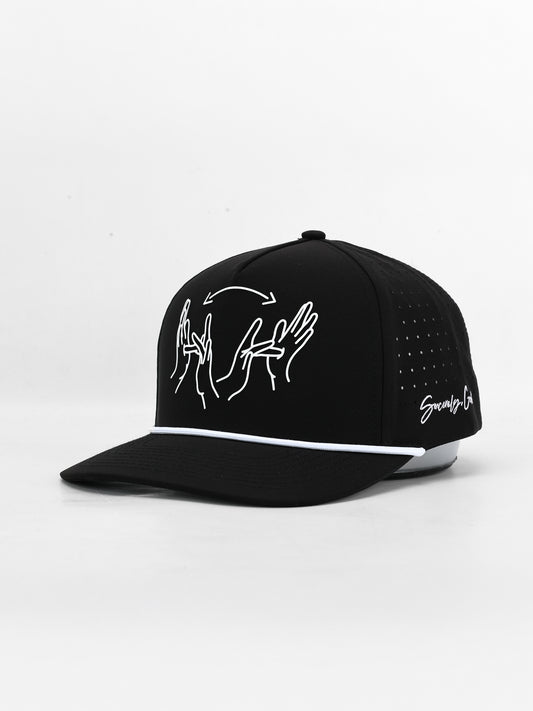 Black cap with white line art design on a white background