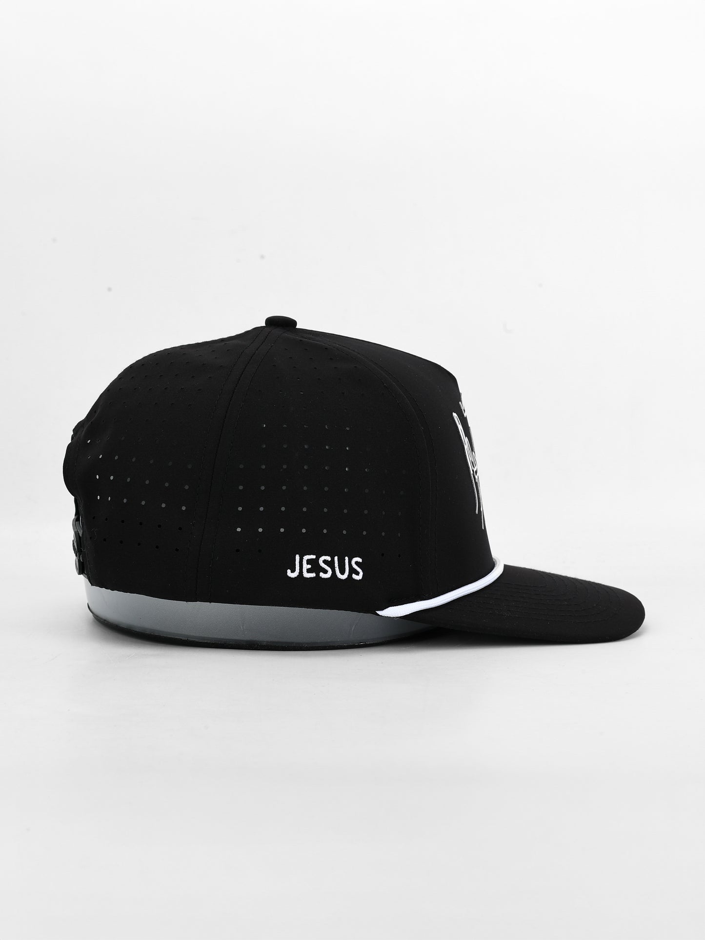 Black cap with 'JESUS' text on a white background