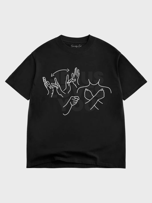 Black t-shirt with white graphic design on a light gray background