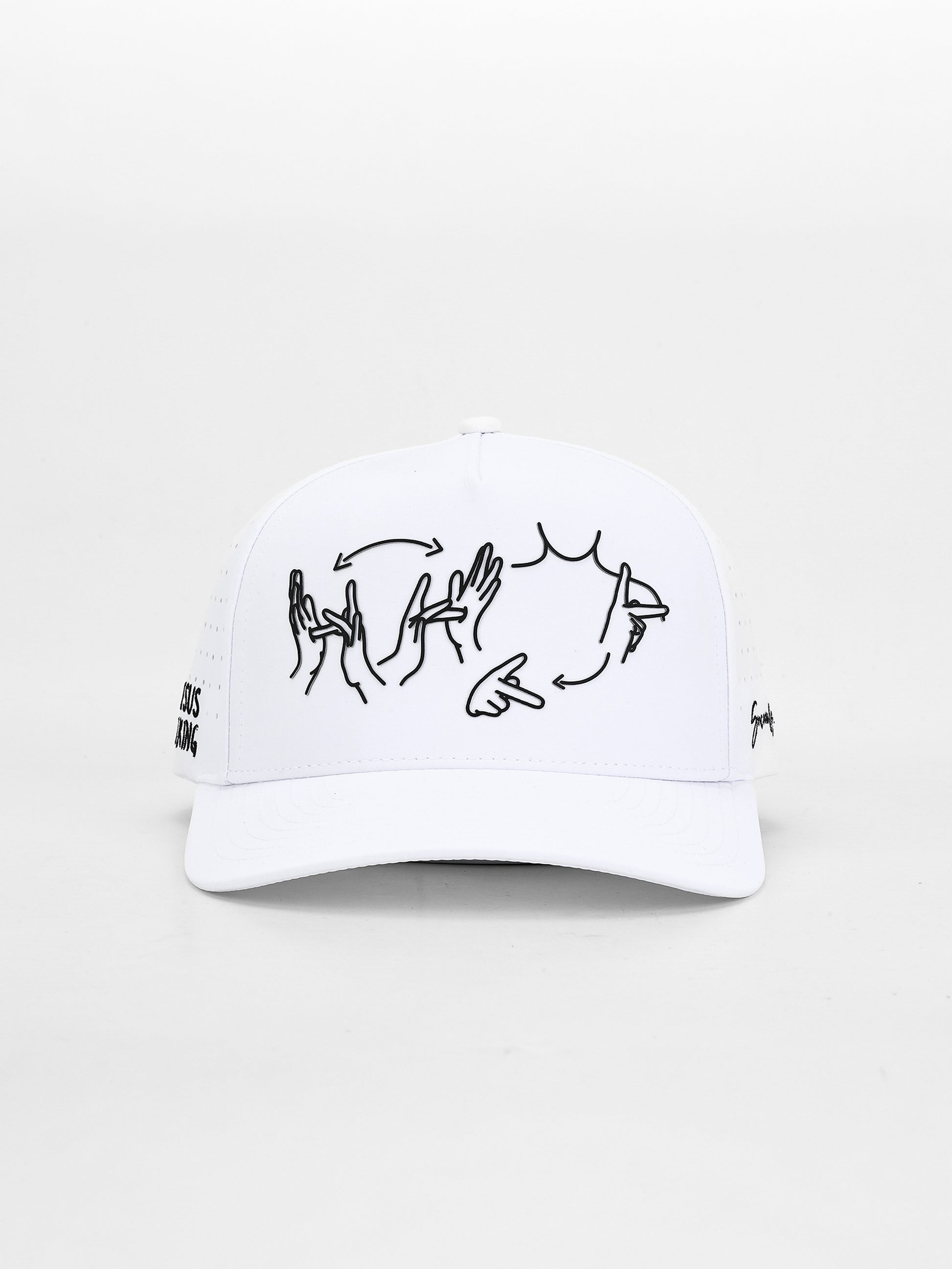 White cap with black line art design on a white background