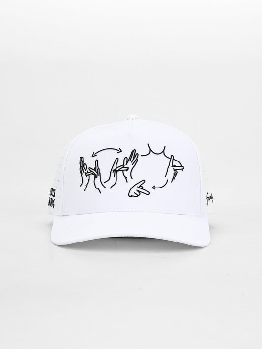 White cap with black line art design on a white background