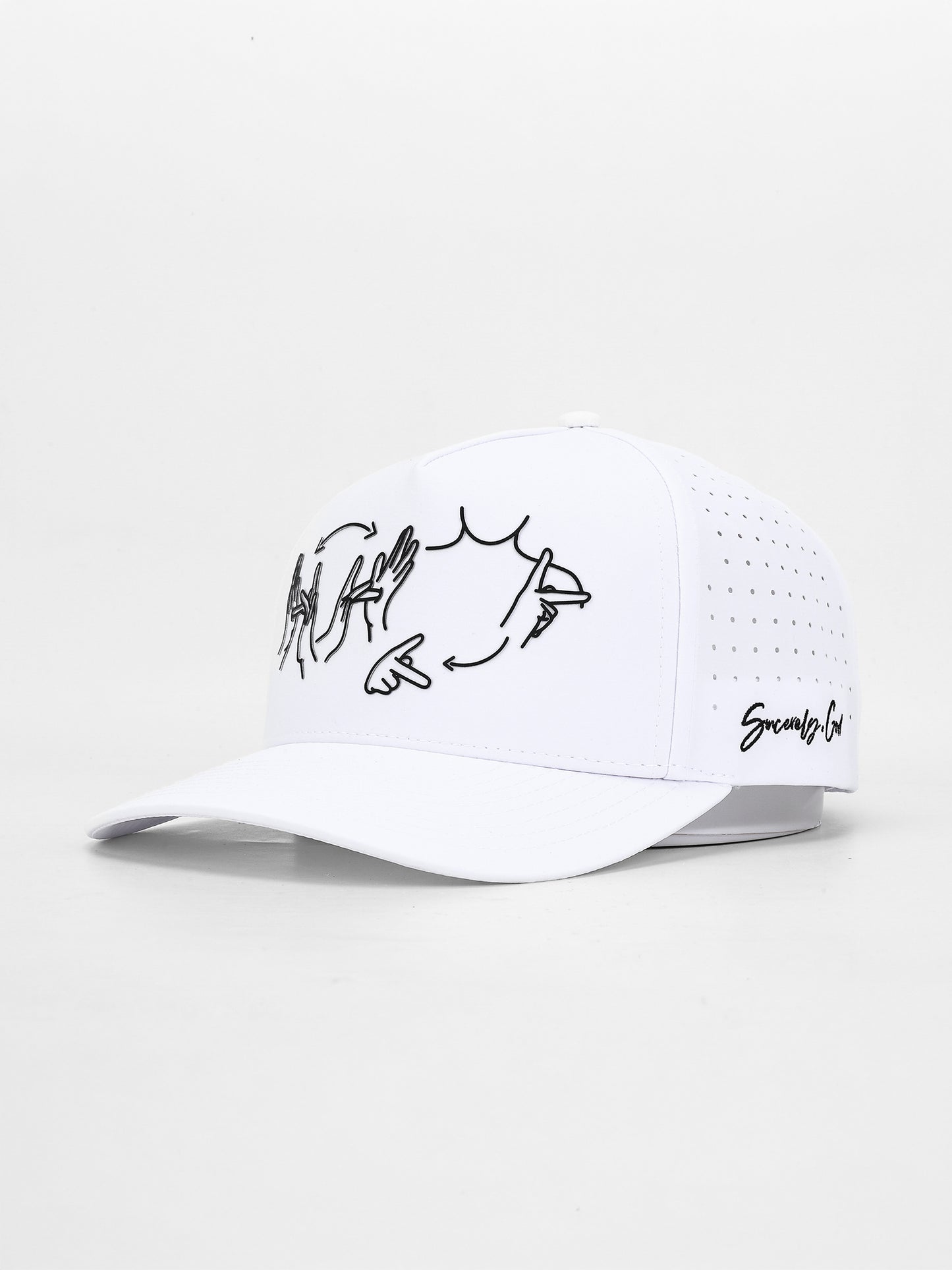 White cap with black fish design on a white background