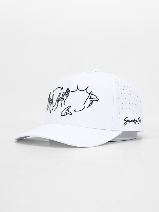 White cap with black fish design on a white background