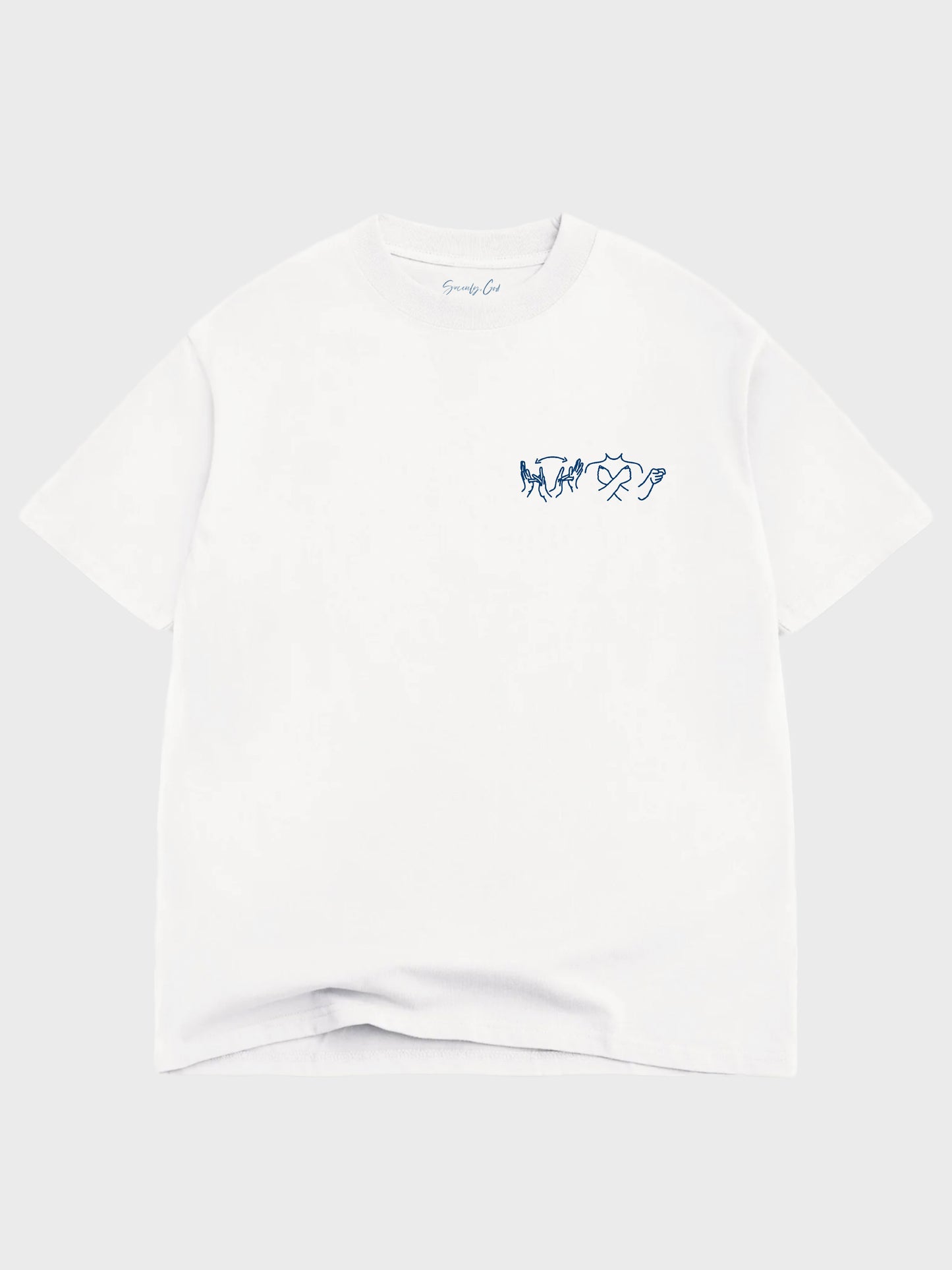 White t-shirt with a small blue logo on a white background