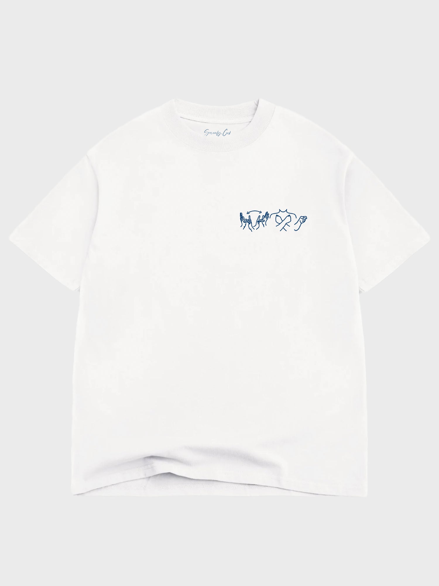 White t-shirt with a small blue logo on a white background