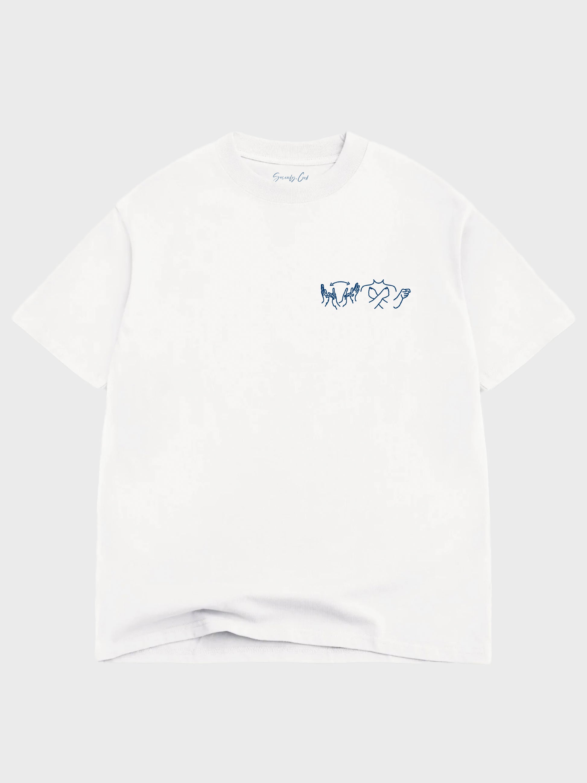 White t-shirt with a small blue logo on a white background