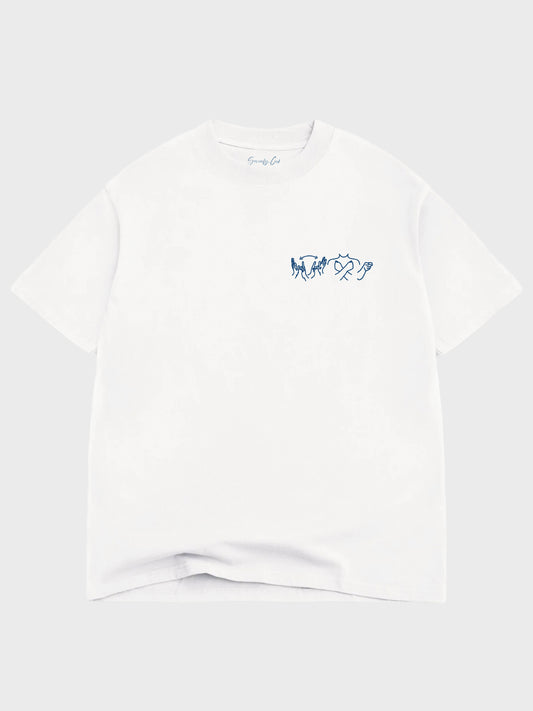 White t-shirt with a small blue logo on a white background