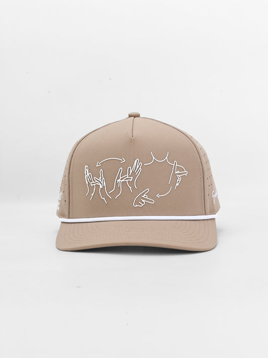 Beige cap with white hand illustrations on a light gray background