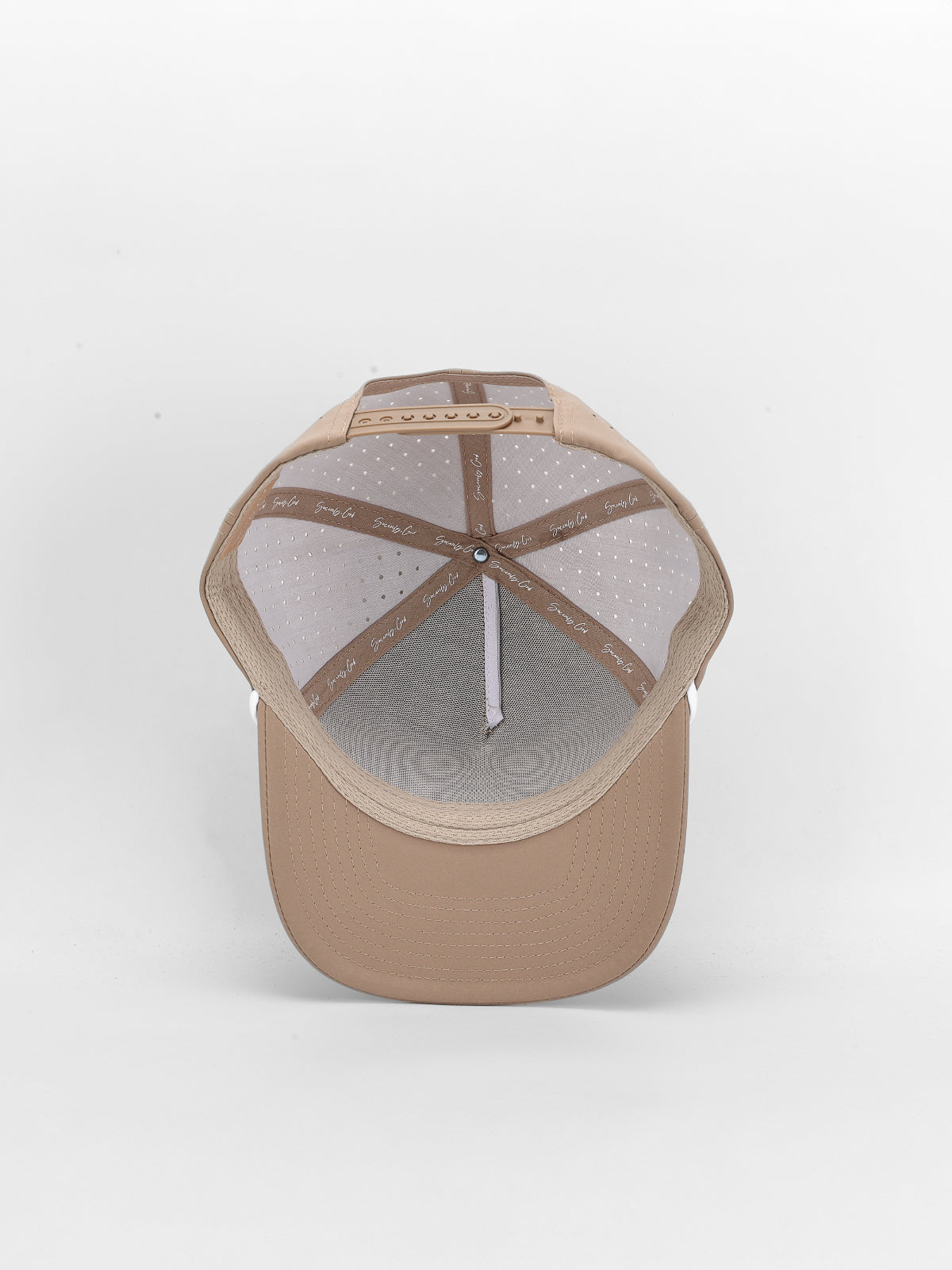 Beige baseball cap with mesh back on a white background