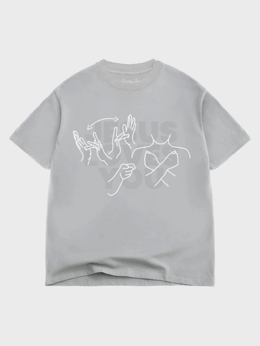 Gray t-shirt with white line art design on a light gray background