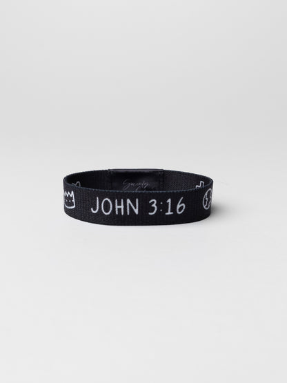 Black wristband with 'JOHN 3:16' text on a white background