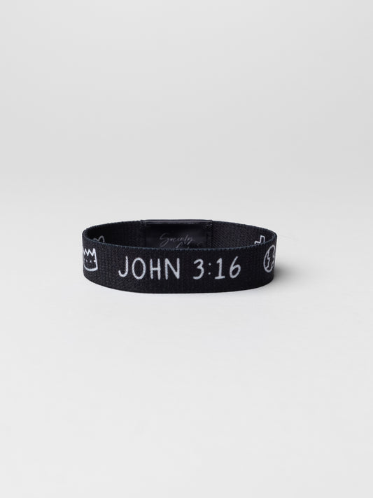 Black wristband with 'JOHN 3:16' text on a white background