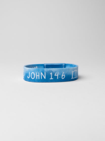 Blue wristband with 'JOHN 14:6' printed on a white background