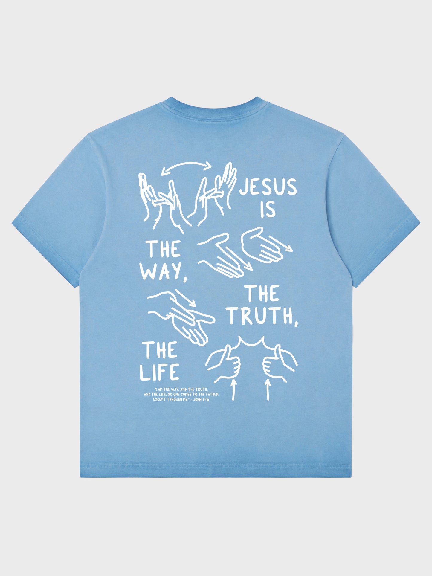 Light blue t-shirt with white graphic and text on a light gray background