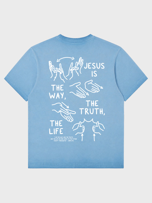 Light blue t-shirt with white graphic and text on a light gray background