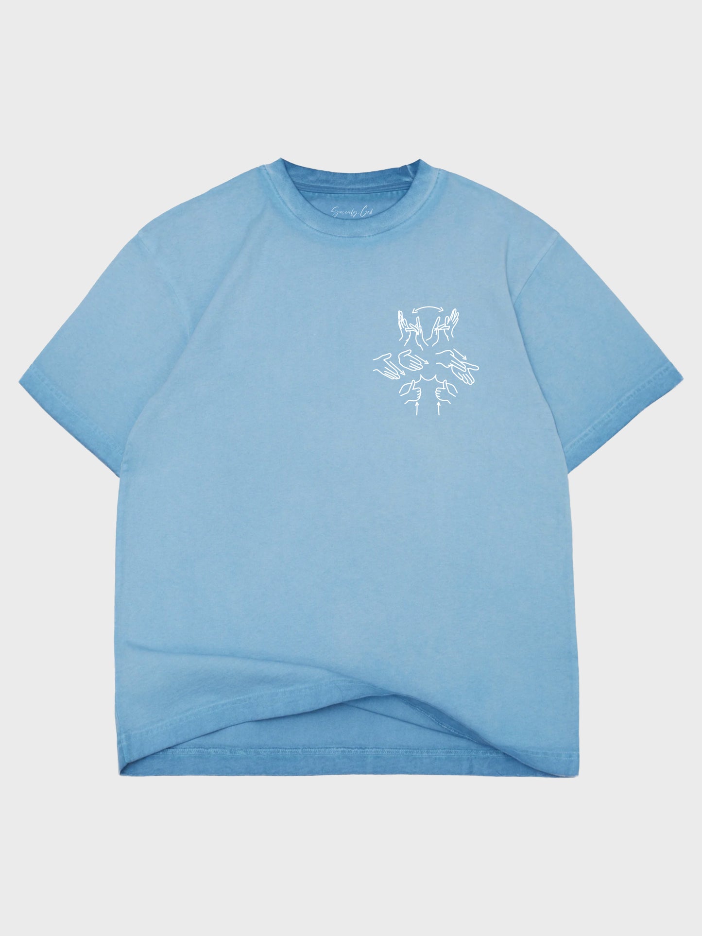 Blue t-shirt with a white graphic on a light gray background