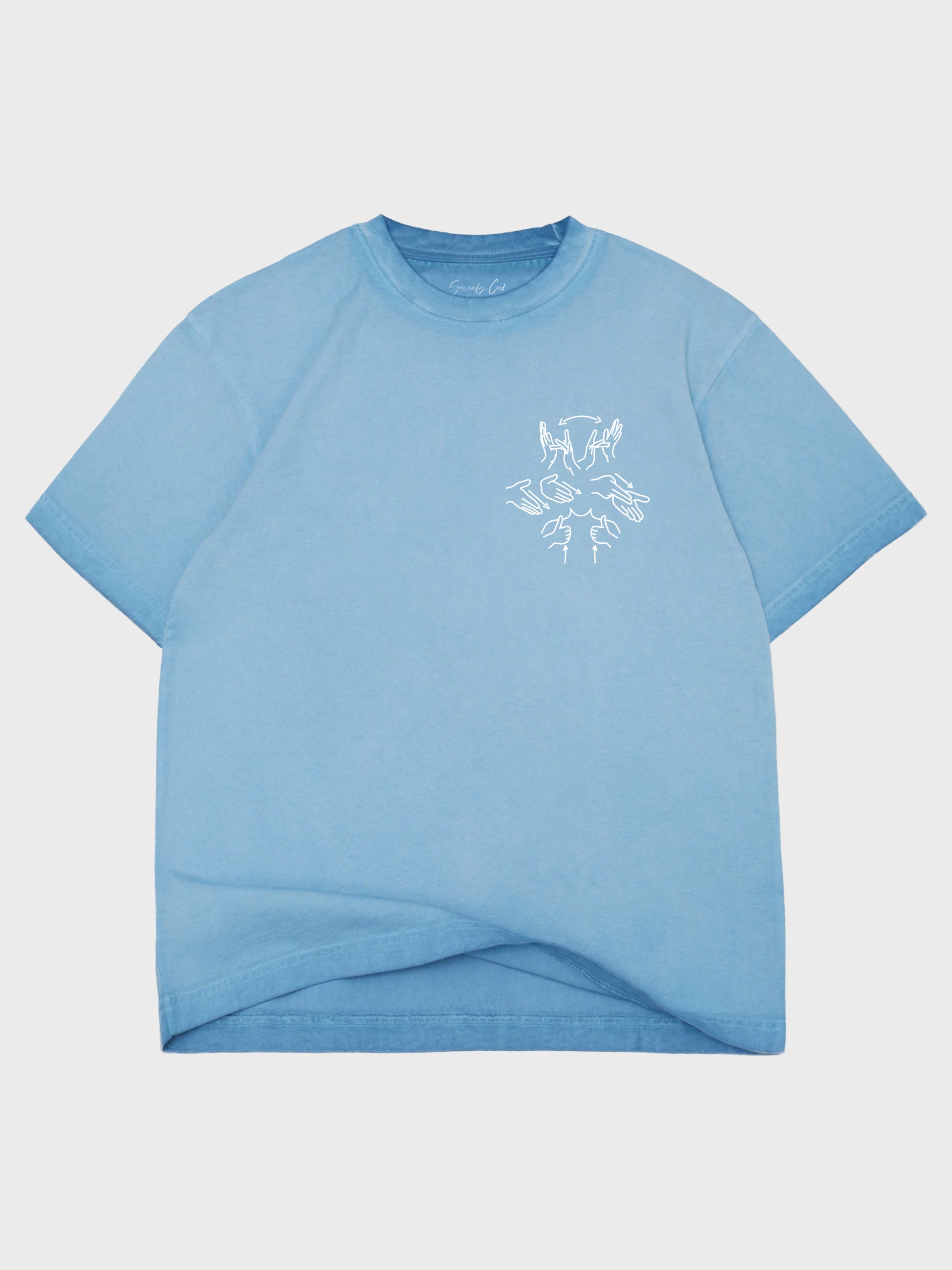 Blue t-shirt with a white graphic on a light gray background