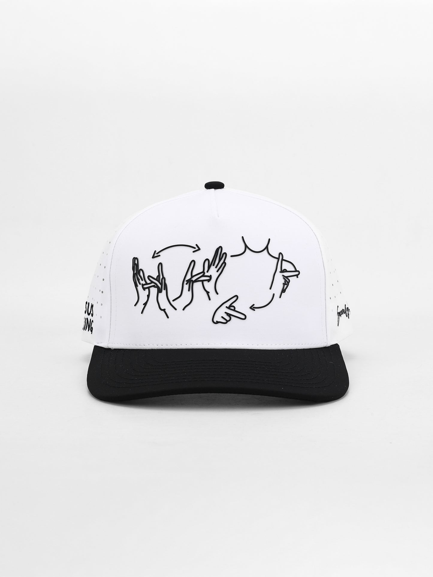 White cap with black designs on a white background