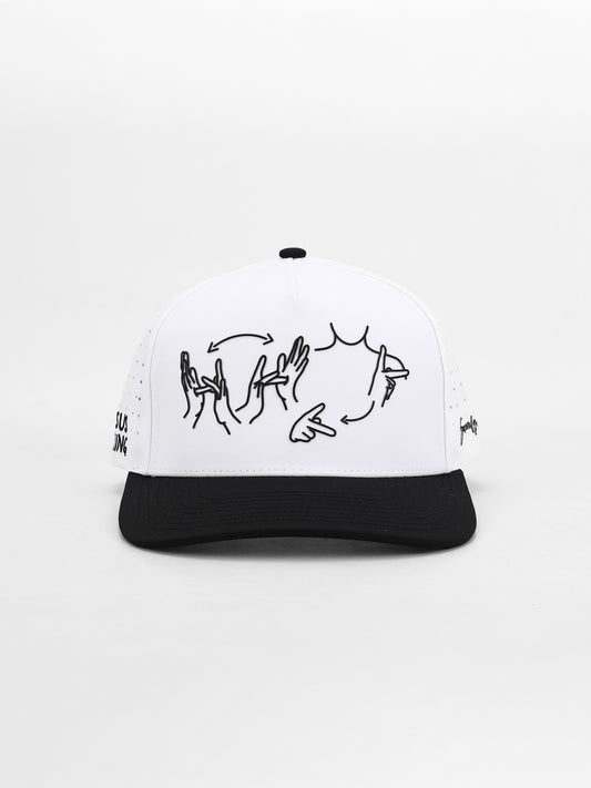 White cap with black designs on a white background