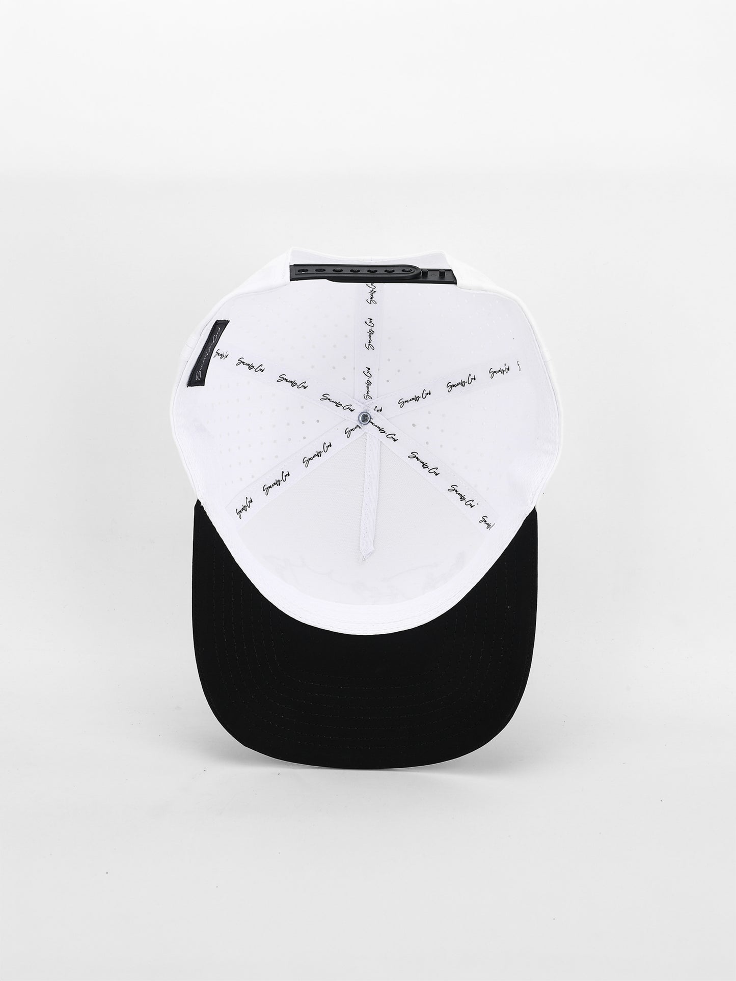 Black and white cap with text on a light gray background