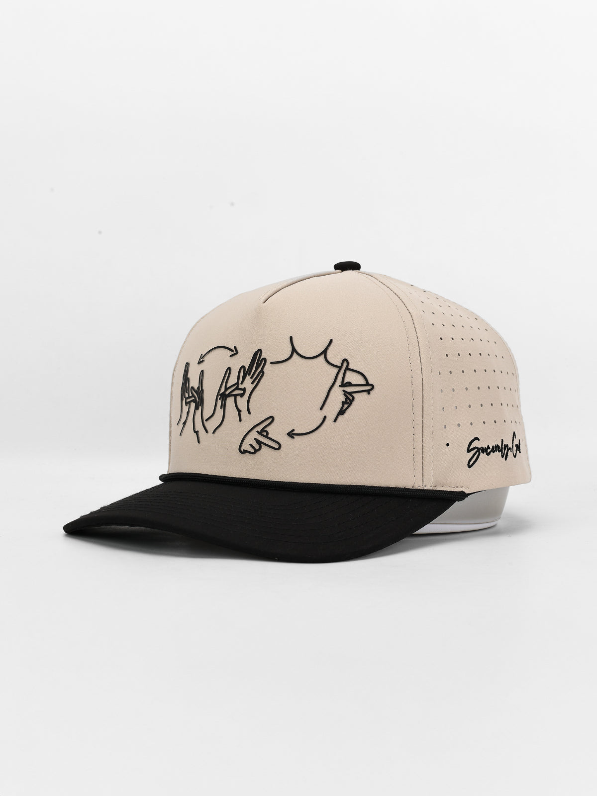 Beige and black cap with graphic design on a white background